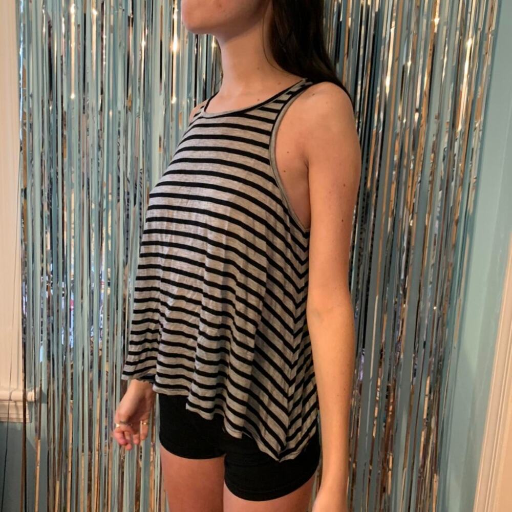 LF GREY AND BLACK STRIPED FLOWY HIGH NECK TOP